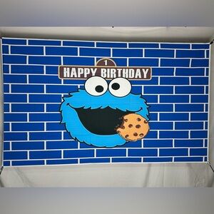 Cookie Monster Happy 1St Birthday Backdrop Banner 5x3Ft.